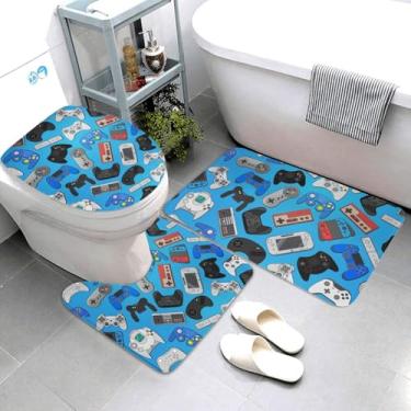 Imagem de Jbofyee Conjunto de tapetes de banheiro com controle de videogame, fundo azul, tapete de banheiro + tapete de contorno + capa de assento de vaso sanitário, tapete de microfibra macia antiderrapante