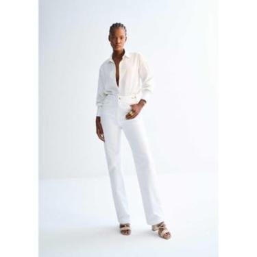 Imagem de Calça Sarja Reta Branca Cintura Alta com Detalhe Cós-Feminino