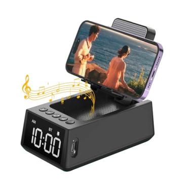 Imagem de Caixinha de Som Portátil 3 em 1, Caixa de Som Bluetooth 8W, Suporte para Celular, Relógio Digital Alarme, Camada de Som Limpa e Potente Bluetooth 5.3 com Microfone Integrado