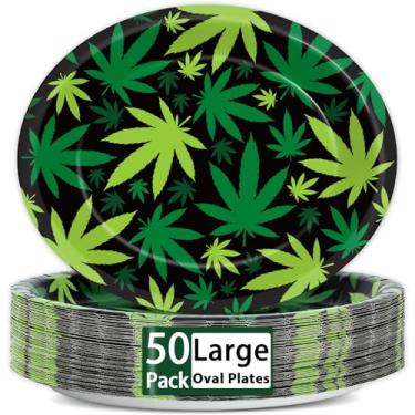 Imagem de 50 peças de artigos de festa com tema de erva daninha preta, pratos ovais de 28 cm, descartáveis, folhas verdes, travessas, decorações de festa de aniversário, bandeja de prato resistente para