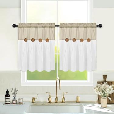 Imagem de Cortinas de cozinha Boho de 61 cm de comprimento, cortinas de linho de algodão de fazenda, cortinas curtas de botão rústico para janelas, cortinas de café country, cortinas de janela pequenas com