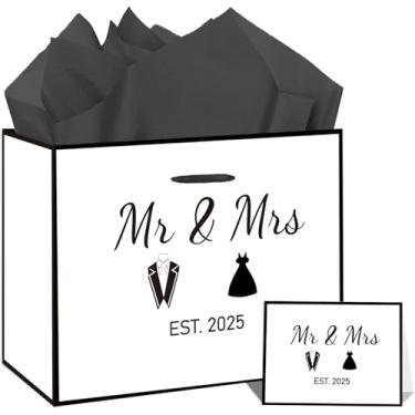 Imagem de SUNDECO Bolsa de presente de casamento grande EST 2025 branca preta para noivado Sr. e Sra. Bolsa de presente com cartão de papel de embrulho de chá de casamento para chás de panela, casamentos e