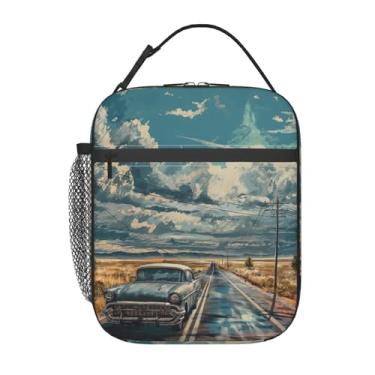 Imagem de SIUKUS Lancheira isolada para crianças, meninos, meninas, lancheira reutilizável para escola, escritório, piquenique, trabalho, viagens, rota de carro vintage 66 lancheira temática