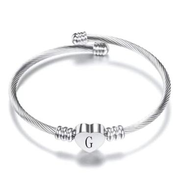 Imagem de BlingNuts Pulseira de prata com iniciais de coração de aço inoxidável A-Z gravada joia feminina para aniversário e Natal, F, Aço inoxidável, Sem Pedra Preciosa