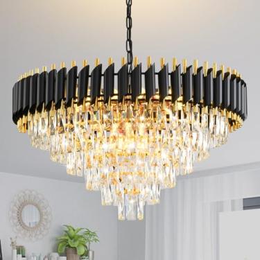 Imagem de MEIOSOA Lustres De Cristal Preto E Dourado, Lustre Moderno Para Sala De Jantar, Redondo, 6 Níveis, Cristal K9, Grande, Luminária Pendente Para Entrada, Hall De Entrada, Escada, Sala De Estar, Largu