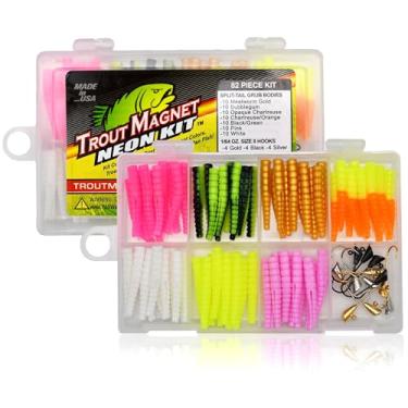 Imagem de Trout Magnet Kit de pesca neon de 82 peças, captura todos os tipos de peixes, inclui 70 corpos de larva e 12 ganchos tamanho 8, laranja, verde, branco, prata