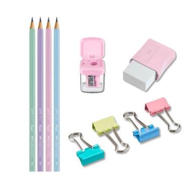 Imagem de Kit escolar com lápis + apontador + borracha + marca texto Faber-Caste