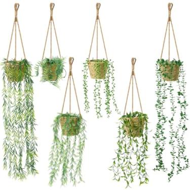 Imagem de FineCheer Conjunto de 6 mini plantas falsas para pendurar com cesta de tecido, folhas de eucalipto, hera artificial, boho, folha de eucalipto, para decoração de casa de banho, parede interna, sala de