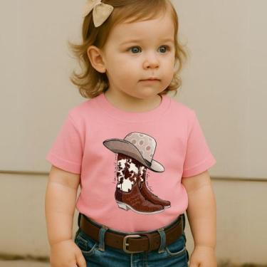 Imagem de Camiseta Infantil Country Estampa Bota e Chapéu Feminina Menina Manga 