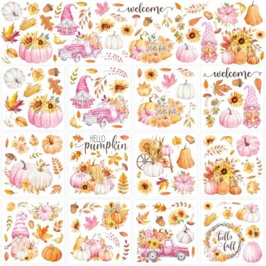Imagem de Whaline Adesivos de transferência de 12 folhas de outono rosa laranja abóbora girassol adesivos rústicos para móveis de outono para Ação de Graças, casa, escritório, papel, madeira, artesanato DIY