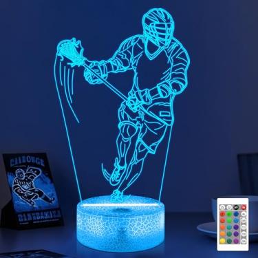 Imagem de OkiyiD Presentes de lacrosse para meninos e homens, lâmpada de ilusão 3D de luz noturna de lacrosse com controle remoto de 16 cores, acessórios de lacrosse, presentes para meninos, atletas