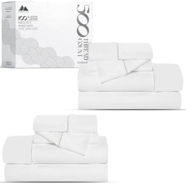 Imagem de Mayfair Linen Pacote com 2 conjuntos de lençóis de algodão solteiro - 500 fios trama de cetim 100% algodão - extra macio, respirável, lençóis de resfriamento de qualidade hoteleira, 2 conjuntos de