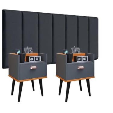 Imagem de Cabeceira Casal Modular com 7 Módulos em Suede Cinza, 140cm, com 2 Criados-Mudos