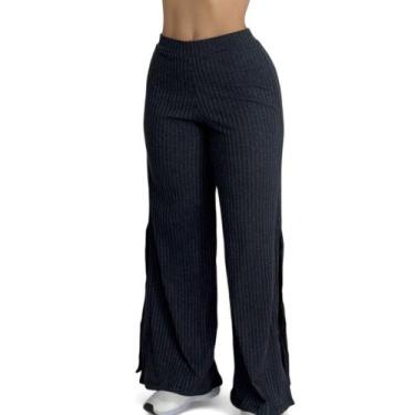 Imagem de Calça Feminina Wide Leg Pantalona Cintura Alta Tecido Canelado com Fen