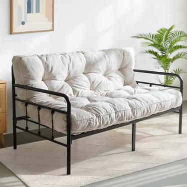 Imagem de MAXYOYO Colchão Futon de 15 cm, tamanho completo, sofá-cama tufado futons com borda de design de corda torcida, colchão de chão de tecido grosso com fio para adultos, enchimento de espuma desfiada