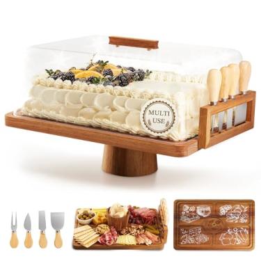 Imagem de BRONYPRO Suporte de bolo de madeira de acácia 2 em 1 com tampa e conjunto de facas de queijo, tábuas retangulares de charcutaria com capa - Bandeja de queijo para festa, aquecimento de casa, sobremesa