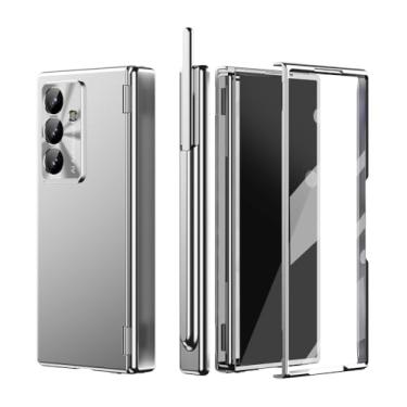 Imagem de Capa para Samsung Galaxy Z Fold 7 5 4 3 5G com protetor de tela de vidro embutido, uma caneta, proteção de 2 dobradiças, capa revestida (dobra 6, prata)
