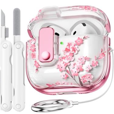 Imagem de Polislime Capa para Apple AirPod 4 2024 com fecho, capa floral TPU transparente para AirPod 4ª geração para mulheres, capa para Air Pod Gen 4 Pro com chaveiro e kit de limpeza - flor de sino rosa