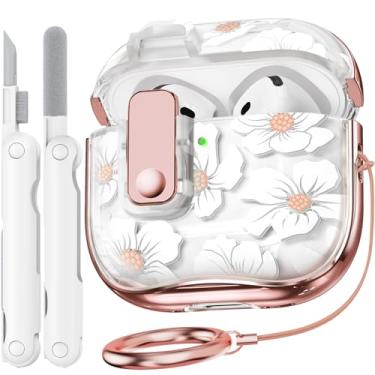 Imagem de Polislime Capa para Apple AirPod 4 2024 com fechadura, capa floral TPU transparente para AirPod 4ª geração para mulheres, capa para Air Pod Gen 4 Pro com chaveiro e kit de limpeza - lírio branco