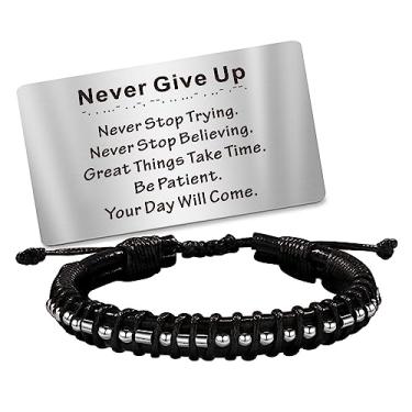 Imagem de TOLOWOBK Pulseira De Couro Preto Com Código Morse Para Presente Inspirador, Nunca Desista, Carteira E Cartão, Ideias Joias Páscoa, Dia Dos Pais, Aniversário, Pai, Marido Formatura