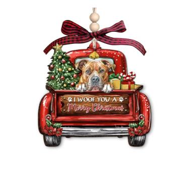 Imagem de Enfeite de Natal de madeira American Staffordshire Terrier - Decoração de Natal de caminhão vermelho com presentes de árvore de Natal e uma citação de Feliz Natal - Enfeite rústico de Natal para