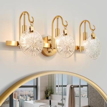 Imagem de WUZUPS Luminária de banheiro de 3 luzes sobre espelho Arandelas de parede de vaidade de vidro transparente para quarto, sala de estar, base E12, latão dourado
