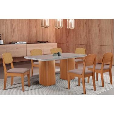 Imagem de Conjunto Sala de Jantar Maldivas c/ Tampo Madeirado c/ Vidro Canto Curvo 180x90cm e 6 Cadeiras Havana Premium Naturale/Off White - Linho Capuccino-Ruf