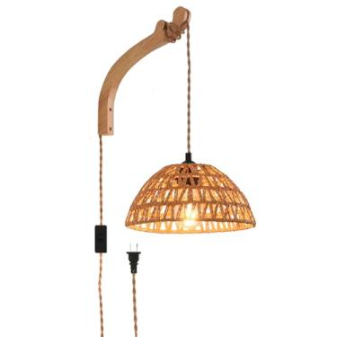 Imagem de CAFULAM Arandelas de parede conectadas, plugue de lâmpada de parede de vime para casa de fazenda, luz de parede de vime tecida à mão, iluminação de parede rústica boho para sala de estar quarto