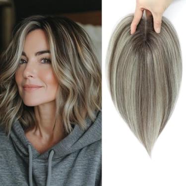 Imagem de YAMI Topper de cabelo humano fofo para mulheres 25,4 cm feito à mão com base suíça 360° cobertura de queda de cabelo (marrom ombré com destaque loiro)