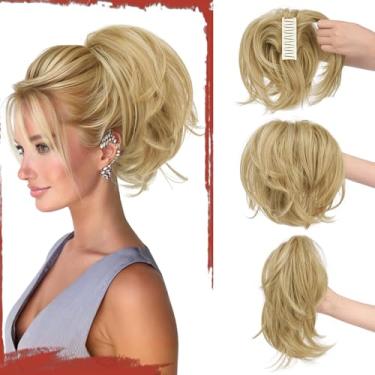 Imagem de SOFEIYAN Extensão de rabo de cavalo curto com clipe de garra, faça você mesmo, fios dobráveis, coque de cabelo falso fofo, extensões de rabo de cavalo de cabelo sintético liso para Wonen - loiro mel