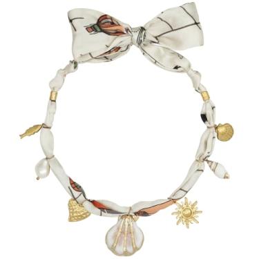 Imagem de DoDoBeads Colar de cachecol com pingente, vermelho/laranja/branco/rosa/azul, colar de seda com pingentes dourados de aço inoxidável, não desbota, vem com caixa de presente, Aço inoxidável, Sem pedras