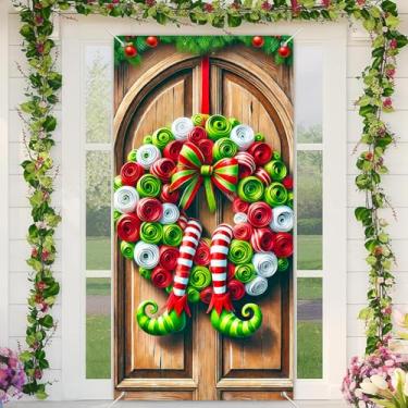 Imagem de BlissYard Faixa de porta de feliz Natal em redemoinho de doces, 89 x 189 cm, decoração de porta da frente com sapatos de elfo, design de guirlanda vermelha e verde para exibição de varanda de Natal no