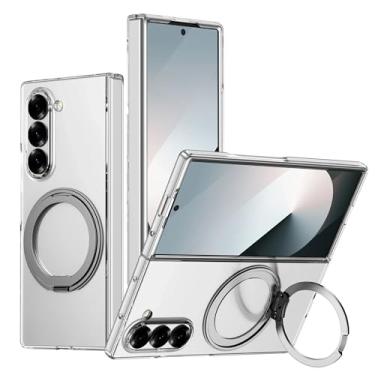 Imagem de Capa para Galaxy Z Fold 6 com suporte magnético giratório 360°, transparente, rígida e à prova de choque, capa para carregamento sem fio (para Galaxy Z Fold 6/suporte cinza)