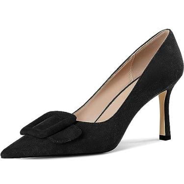 Imagem de Divanne Sapatos de salto alto, salto alto, fivela, camurça, bico fino, sem cadarço, para vestido de festa, Camurça preta, 41