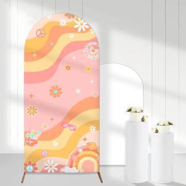 Imagem de Cheerupp Capas de fundo retrô Groovy arco, 1,8 m com arco elástico, capas de suporte de arco, hippie margarida, para decoração de aniversário, chá de bebê, festa de casamento