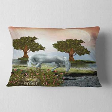 Imagem de Designart Manta de paisagem lombar com cavalo branco e árvores verdes, sofá, enchimento de almofada de alta qualidade + capa de almofada impressa em ambos os lados 30,5 x 50,8 cm
