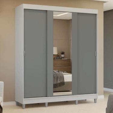 Imagem de Guarda-roupa Casal Com Pés 3 Portas De Correr Com Espelho Branco/cinza