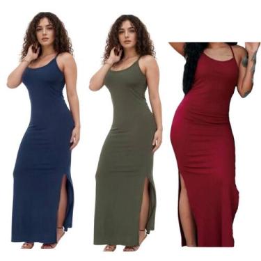 Imagem de KIT C/3 Vestidos Canelado Longo com Fenda - Emporio J, Marinho, Milita