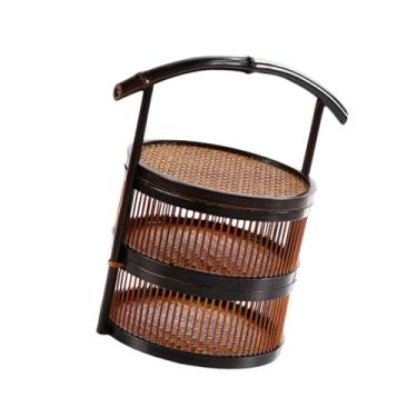 Imagem de Baoblaze Cesta de bambu, recipiente para armazenamento de alimentos, organizador portátil com alça, cesta de para lanches, almoço, doces, Dupla Camada