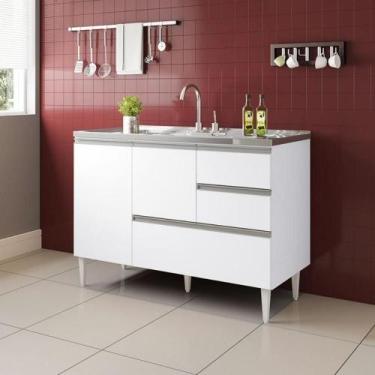 Imagem de Balcão Maceió Para Pia 1,20 2 Portas Com Gavetão Branco - MILANI MOVEL