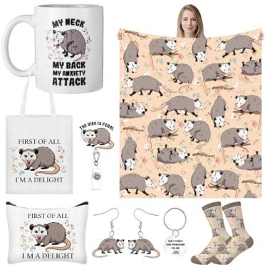 Imagem de Ramede 8 peças de conjuntos de presentes de gambá de Natal, cobertor de lona, bolsa de cosméticos, meia caneca de café, chaveiro, carretel, retrátil, acrílico, adorável, brincos de gambá para meninas