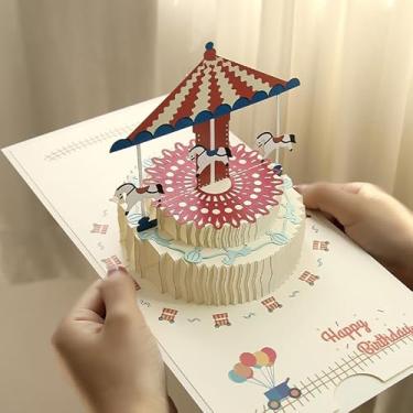 Imagem de Carrossel 3D encantador de bolo de aniversário cartão de felicitações requintado de presente de aniversário com envelope decorativo elegante cartão de bênção esculpido em papel dobrável para festa