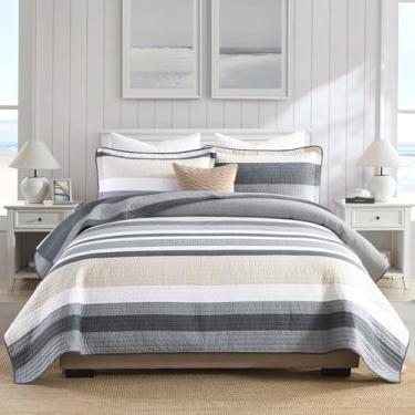 Imagem de KALOOLA Conjunto de colcha king size 100% algodão – Colcha acolchoada moderna leve com 2 fronhas, design listrado impresso contemporâneo, edredom fino para todas as estações, azul escuro/azul-cinza