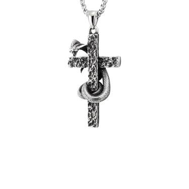 Imagem de AOOMO Colar de cruz gótica para mulheres e homens, colar de arma de prata, colar de cruz de aço inoxidável, colar com pingente de cruz de cobra, colar punk gótico, acessórios de joias