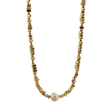 Imagem de Elegante colar de pérolas sintéticas com contas de aço inoxidável banhado a ouro amarelo 18K, joia feminina estilo boho de praia, comprimento de 40,6 cm com extensão de 5 cm, resistente a manchas