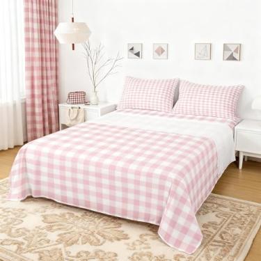 Imagem de Castle Fairy Jogo de lençol quadriculado moderno, 4 peças, boêmio, linha guingão, para decoração de quarto de crianças, meninas, meninos, rosa claro, lençol de cima + lençol com elástico + 2 fronhas