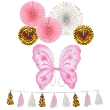 Imagem de Beistle Pacote de festa de fada rosa – asas de fada com glitter, guirlanda de borla metálica e de tecido, e diversos ventiladores decorativos pendurados para celebrações de aniversário, despedidas de