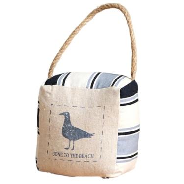 Imagem de Zovylks Batente de porta náutico, branco com listras azuis quadradas recheadas decorativas ponderadas batente com alça de corda, decoração de casa de praia Gone to The Beach (gaivota)