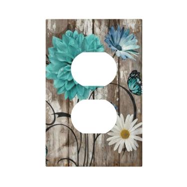 Imagem de SgEdao Capas decorativas de margarida turquesa design floral vintage em madeira rústica 1 gangue placa de cobertura de interruptor de luz dupla placas de parede exclusivas para decoração de casa de