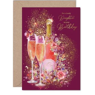 Imagem de Cartão de aniversário Gold Daughter - Prosecco de vinho espumante - Cartão de feliz aniversário para filha do pai mamãe, cartões de felicitações A5 Golden Elegant Champagne Bday